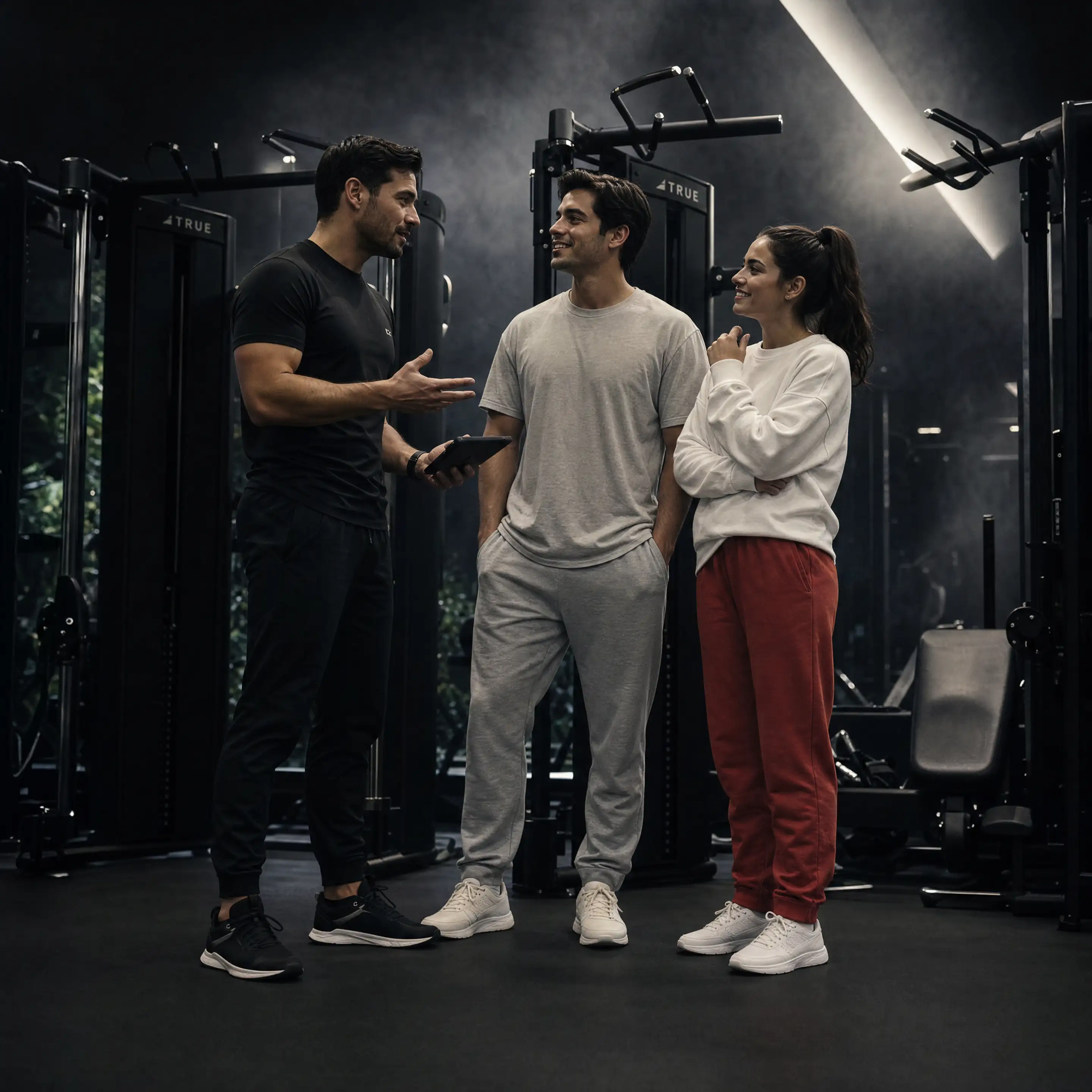 Adultos activos conversando alegremente en el lounge de Sports World